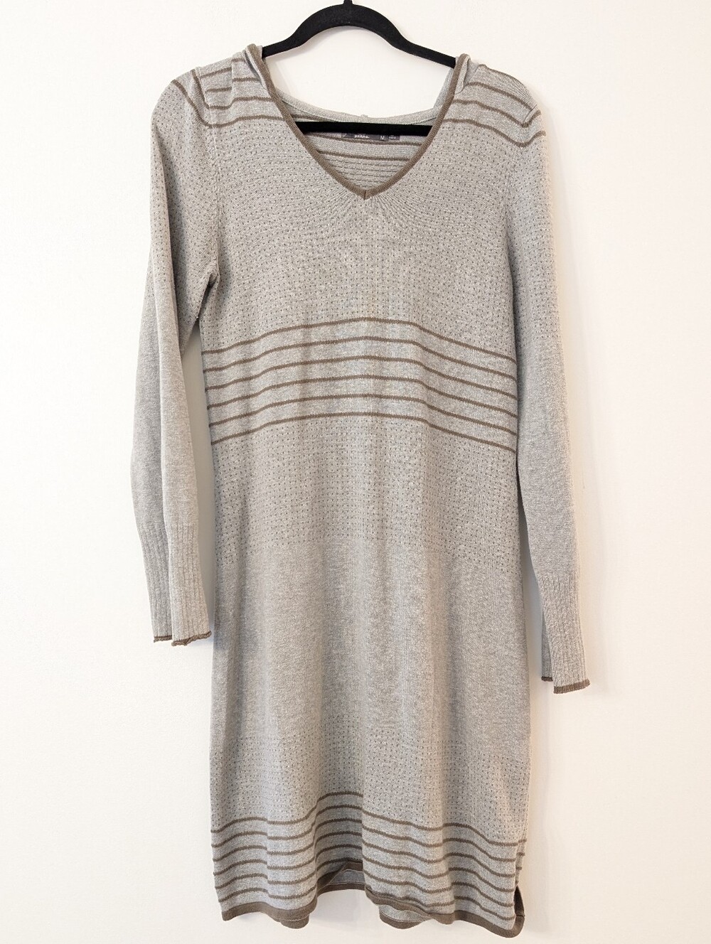 prAna Mariette Hooded Sweater Dress Grey Stripe Organic Cotton Blend Medium